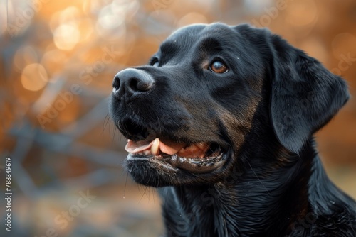 Close-up of a friendly black Labrador dog with a warm autumnal bokeh backdrop, focusing on eyes and fur details