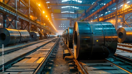 Industrial Steel Manufacturing Plant Interior. Large Steel Coils on the Production Line. Manufacturing Industry Scene with Lighting. AI