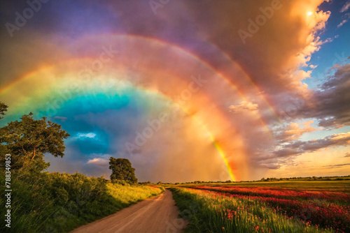 Triple rainbow on the horizon in the sky after rain. Dirt road on meadow with blooming summer wildflowers. photo