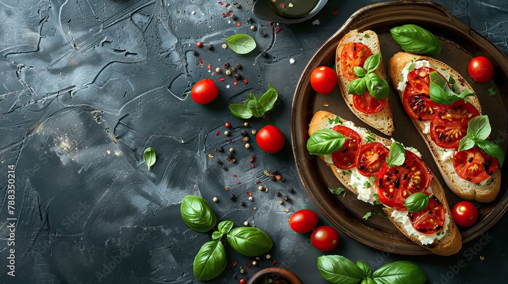 Homemade Bruschetta with Cheese and Tomato: Gray Table Homemade Bruschetta with Cheese and Tomato: Gray Table