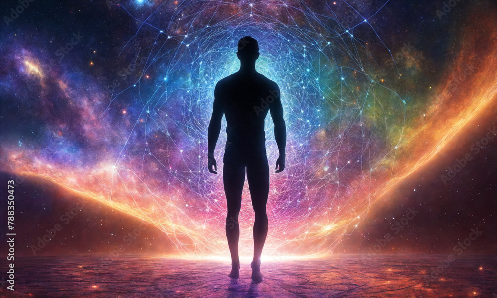 Naklejka premium Colorful connection between human and universe - We are all connected - AI generated