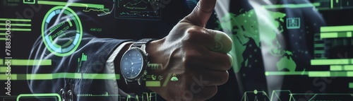 A closeup view of a businessmans hands making a thumbsup gesture, focusing on the details of his watch and suit