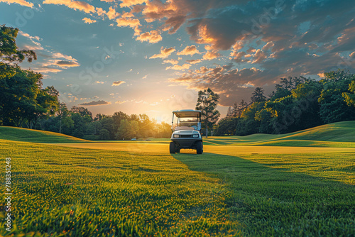 Golf cart car in fairway of golf course with fresh green grass field and cloud sky and tree on sunset time photo