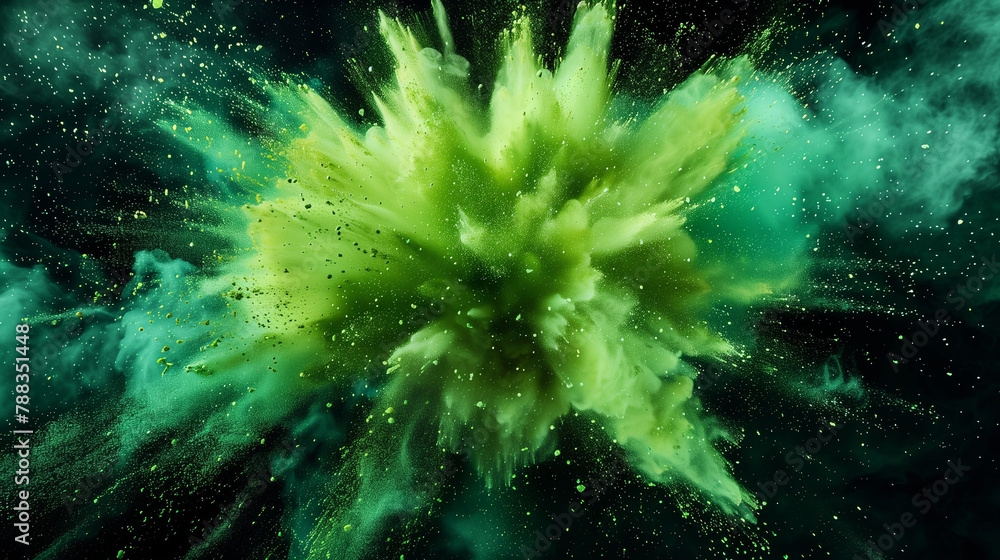Fototapeta premium Neon grüne Farbexplosion vor dunklem Hintergrund