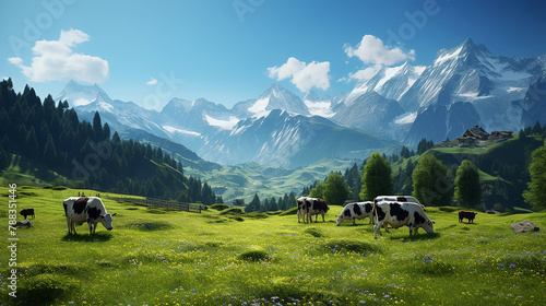 swiss cows are grazing in a flowery meadow, and pine trees at the swiss alps landscape photo