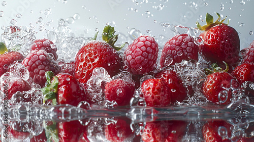 Falling drops of water on fresh strawberries and raspberries in water generativa IA