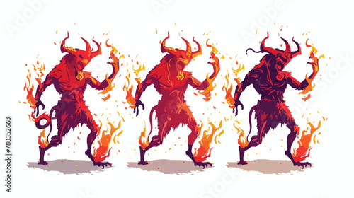 Dancing red devils walking around. Demon devil or sat