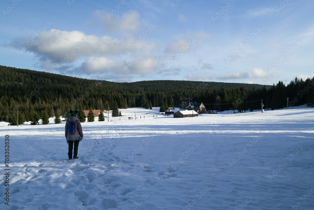 A trip in a snowy landscape, view of the surrounding countryside, a trip to the Jizera mountains.