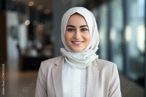 Joyous Muslim smiling businesswoman. Young arabic female. Generate Ai photo