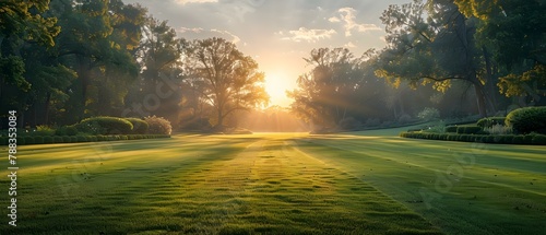 Sunrise Serenity on a Mist-Kissed Meadow. Concept Nature Photography, Morning Light, Misty Landscapes, Peaceful Atmosphere, Serene Beauty photo