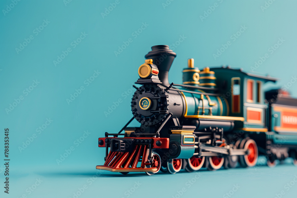 Fototapeta premium A classic locomotive toy train, isolated on a nostalgic playtime blue background, recalling the joy of childhood wonder
