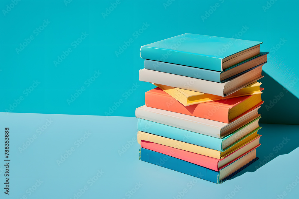 A stack of colorful hardback books, isolated on a scholar's blue background, signifying knowledge and learning - A stack of colorful hardback books, isolated on a scholar's blue background, signifying knowledge and learning -