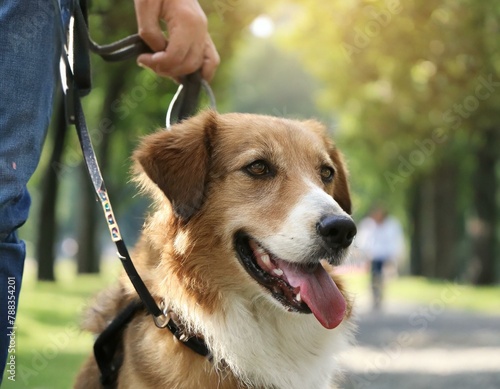 Hund mit einer Leine geht im Park spazieren - gassi gehen mit braunem Hund photo