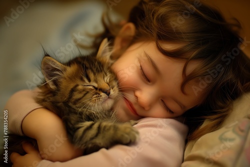 Heartwarming photo capturing a joyful toddler hugging a sleepy kitten