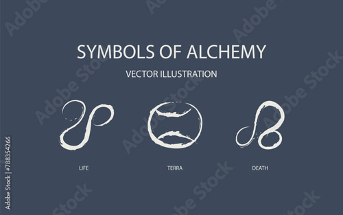Vector set pictogram elements constellation illustration for ancient alchemy: life, terra and death. Astrological designations, aspects for astrologer. the meaning of the planets, study of astrology. 