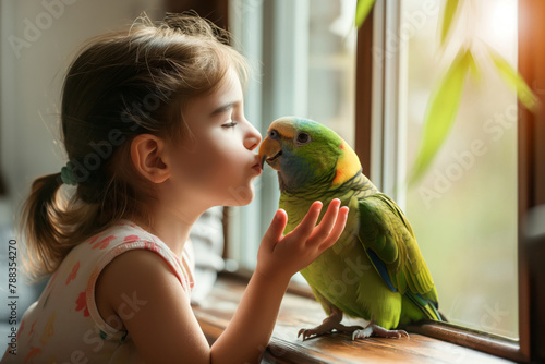 Joyful child is affectionately blowing kisses to a colorful parrot by the window photo