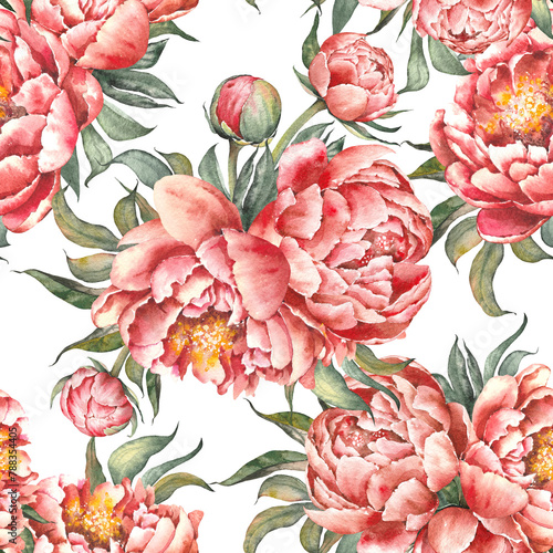 Seamless pattern with pink peony flowers. Hand painted floral illustration. Watercolor painting.