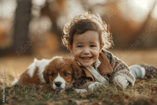 Smiling child enjoys a heartwarming moment while playing with a cute puppy in a warm, sunlit park