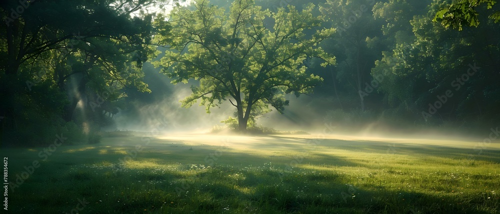 Fototapeta premium Misty Sunrise Over Serene Summer Meadow. Concept Nature Photography, Landscape Scenery, Atmospheric Elements