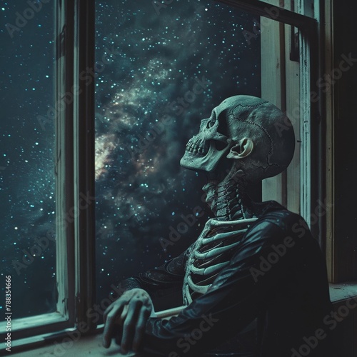 The internal structure of a vampire, revealed in a commercialquality photograph as he gazes out a window, contemplating the night sky, digital photography, photo