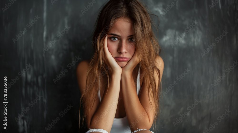 Contemplative Young Woman Against Dark Backdrop Contemplative Young Woman Against Dark Backdrop