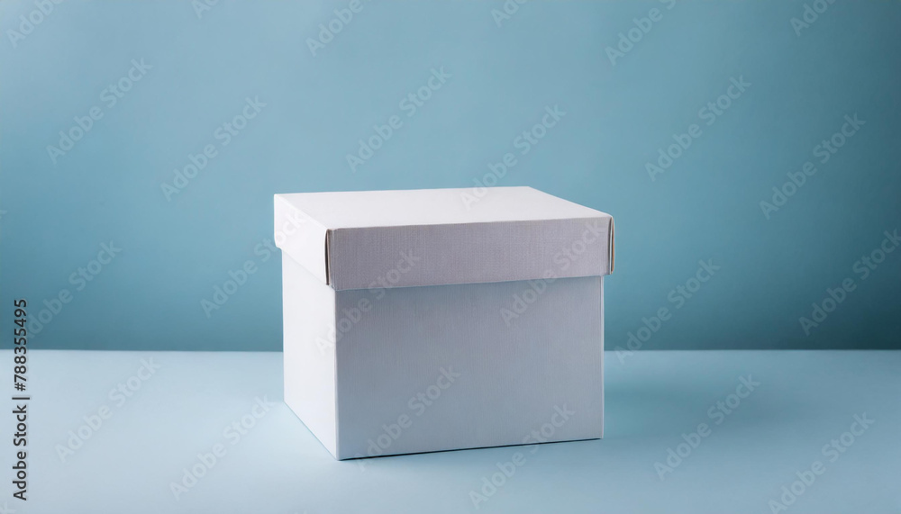 White cardboard box on pastel blue background. Mock up. Packaging for delivery. Eco package. White cardboard box on pastel blue background. Mock up. Packaging for delivery. Eco package.
