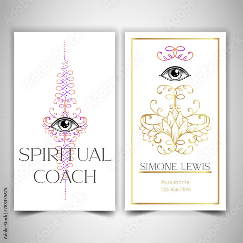 Fortune teller, human design, spiritual coach, mystic healer business card design template. Vector illustration. Magic.