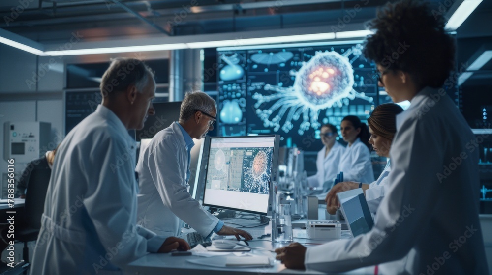 Obraz premium Medical Research Team Analyzing AI Imaging Data