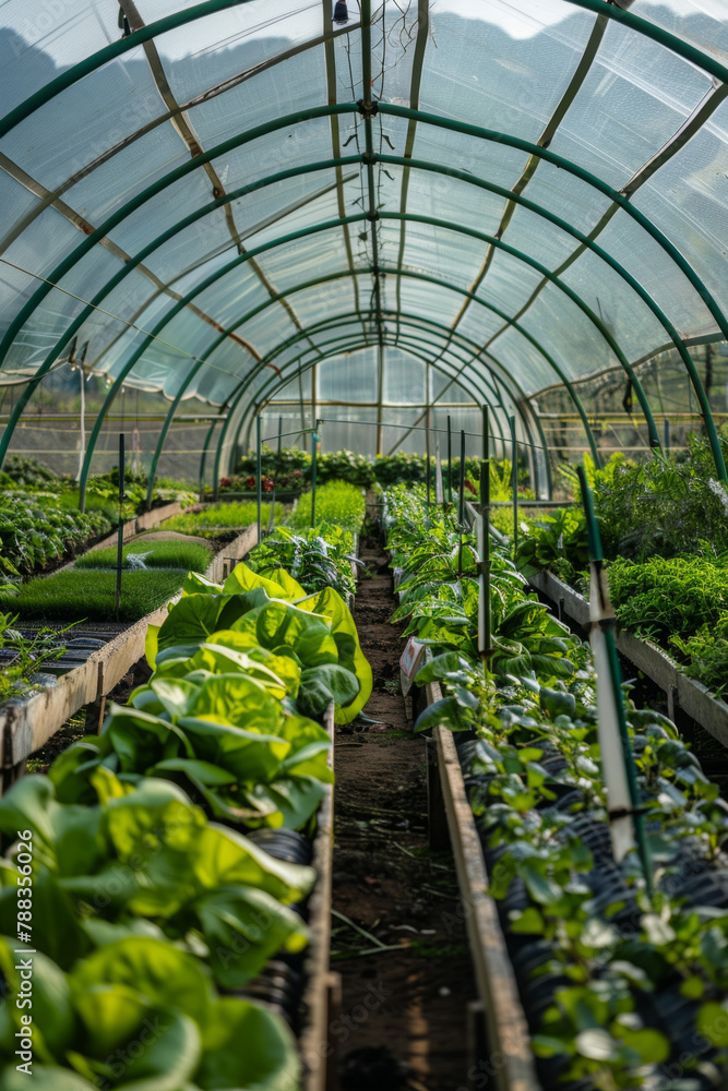 A greenhouse equipped with solar-powered heating and irrigation systems for vegetable cultivation A greenhouse equipped with solar-powered heating and irrigation systems for vegetable cultivation