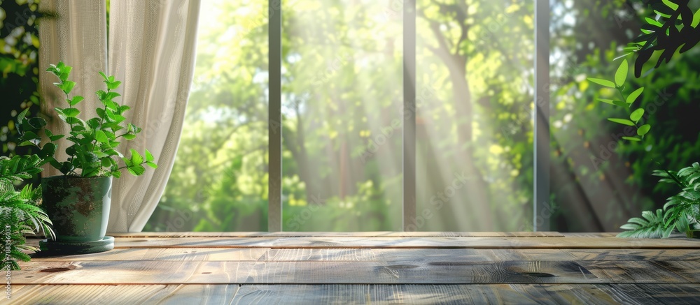 Wooden table top with a blurred curtain backdrop featuring a green garden view from the window, ideal for product display or key visual design layout. Wooden table top with a blurred curtain backdrop featuring a green garden view from the window, ideal for product display or key visual design layout.