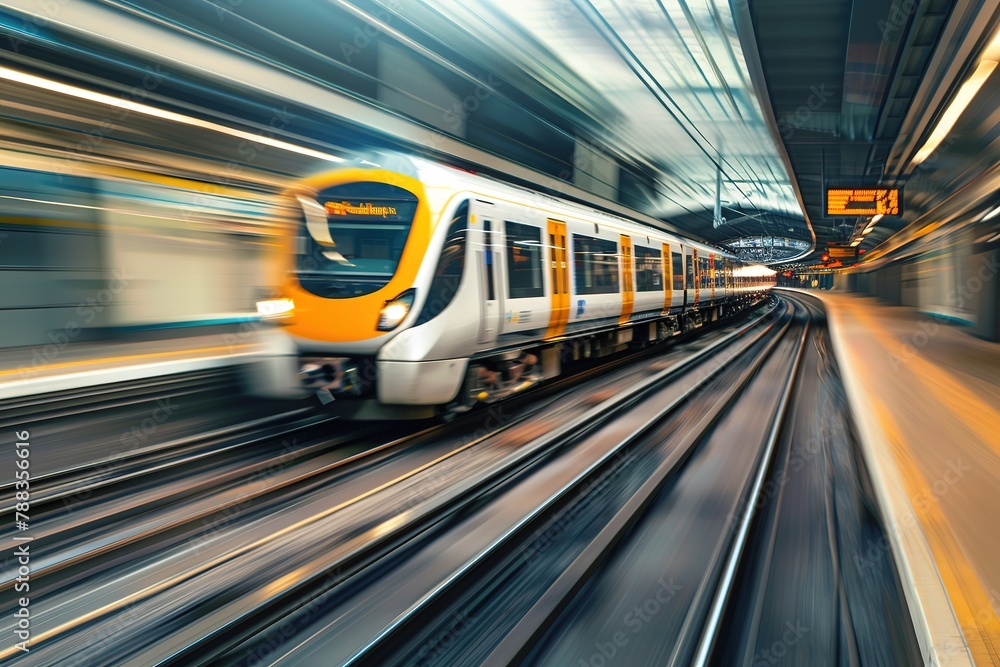 Blurred motion of a modern train speeding through a station.