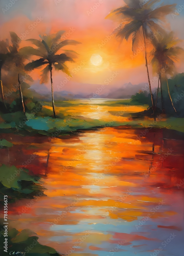 Abstract Horizon Sunset: Oil Painting of Tropical Ocean