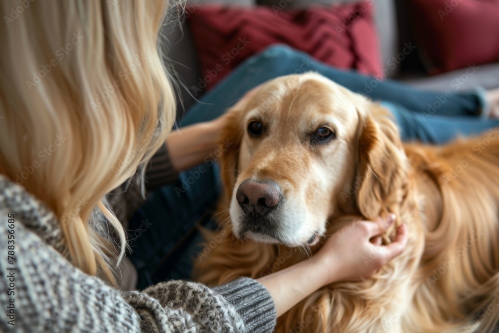 Shared moments. Back view of female blonde caressing furry dog behind ears during leisure time at cozy apartment. Young woman and golden retriever enjoying bonding interaction together during daytime.