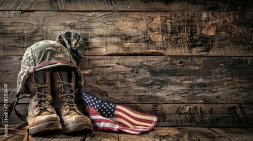 A poignant image of worn military boots, a folded American flag, and a soldier's helmet placed solemnly on a wooden surface to commemorate Veteran's Day. 