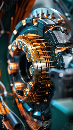 Close-up view of an electric motor, showcasing copper windings and intricate engineering.