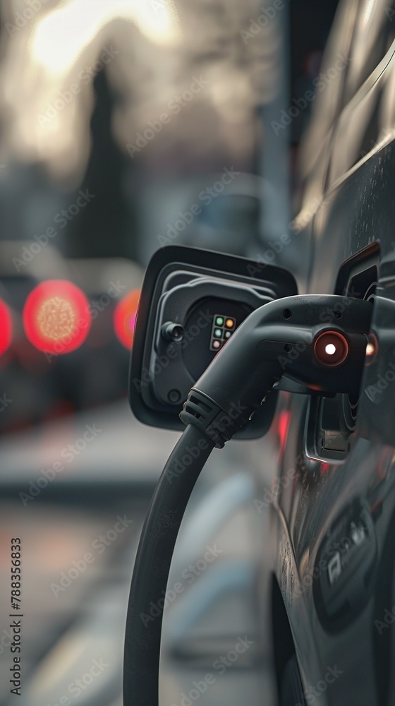 An electric vehicle being charged at a station with blurred lights in the background. An electric vehicle being charged at a station with blurred lights in the background.