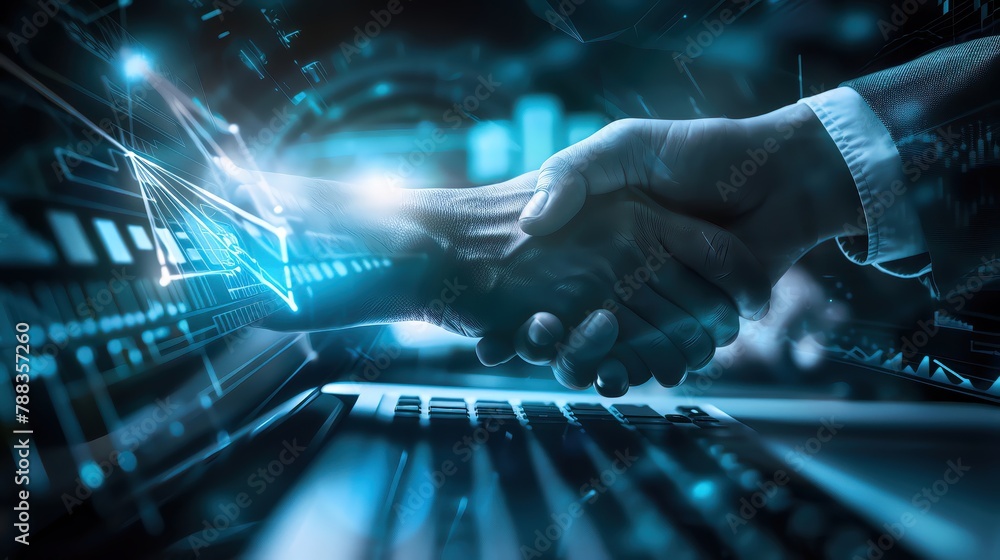 Closeup, birdseye view of businessmen shaking hands over a desk, symbolizing agreement Closeup, birdseye view of businessmen shaking hands over a desk, symbolizing agreement