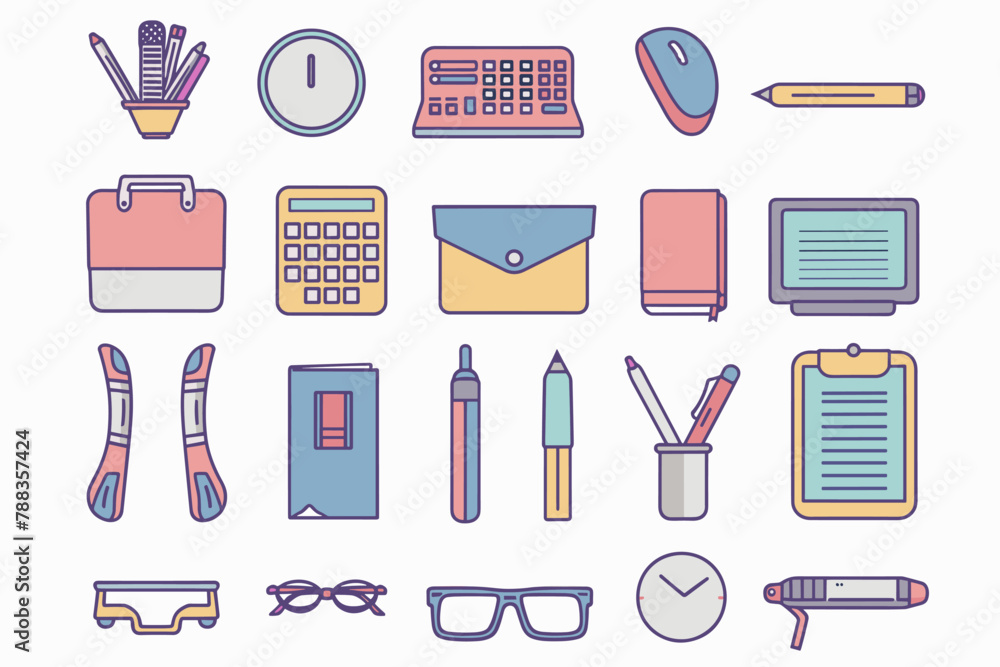 Collection of pastel office and school supplies in flat design. Collection of pastel office and school supplies in flat design.