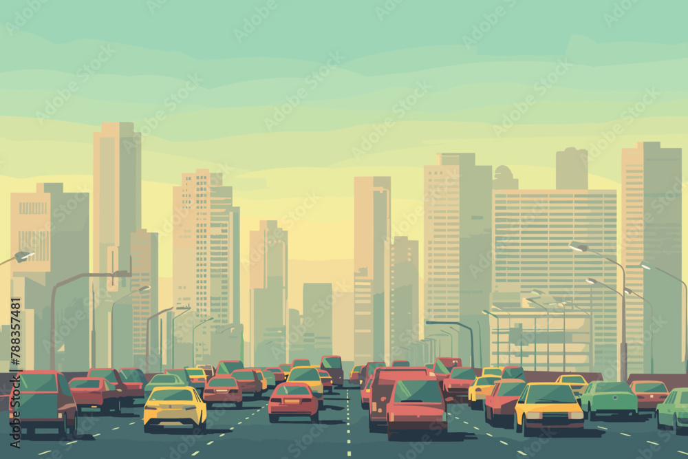 Stylized traffic jam in colorful urban setting