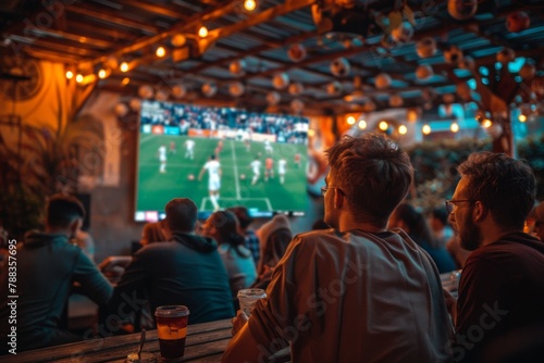 friends watching football in a sport bar. ai generated