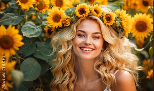 beautiful blonde woman smiling among sunflowers, jolly concept of summer happiness