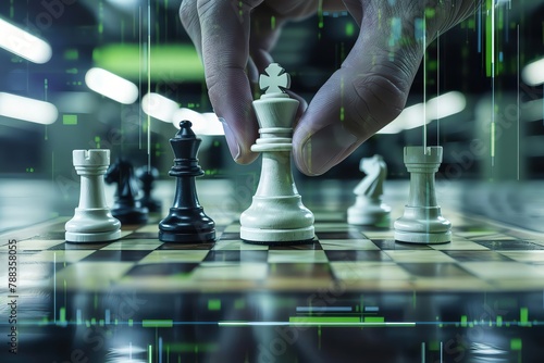 Closeup of fingers strategically moving a queen chess piece on a polished board