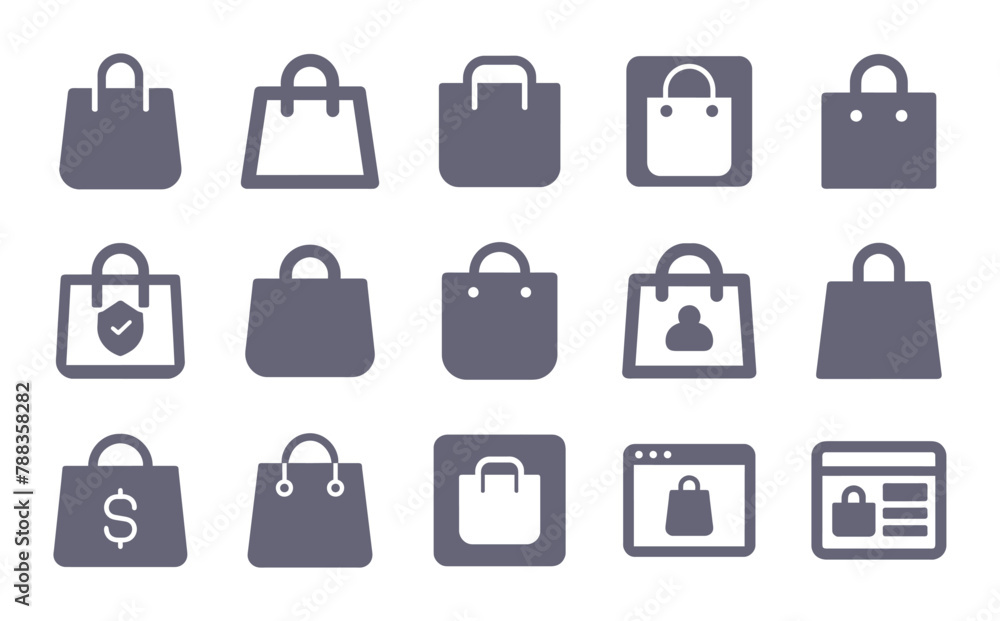 Shopping bag flat icons. Vector solid pictogram set included icon as e-commerce, shop basket, buy online, tote, internet store checkout, order silhouette illustration for infographic. Shopping bag flat icons. Vector solid pictogram set included icon as e-commerce, shop basket, buy online, tote, internet store checkout, order silhouette illustration for infographic.