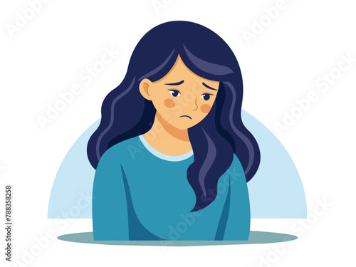 Sad young girl with a sorrowful expression, Emotive vector cartoon illustration.