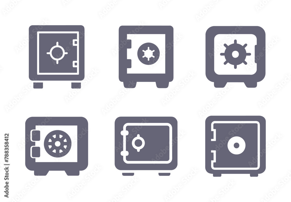 Money safe glyph flat icons. Vector solid pictogram set included icon as strongbox, bank savings, secure capital silhouette illustration for finance protection. Money safe glyph flat icons. Vector solid pictogram set included icon as strongbox, bank savings, secure capital silhouette illustration for finance protection.