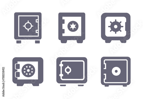 Money safe glyph flat icons. Vector solid pictogram set included icon as strongbox, bank savings, secure capital silhouette illustration for finance protection.