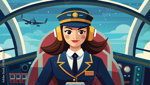 Confident female pilot in the cockpit, Ready to fly vector cartoon illustration.