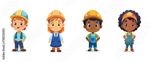 Cartoon kids wearing construction helmets, vector  illustration.