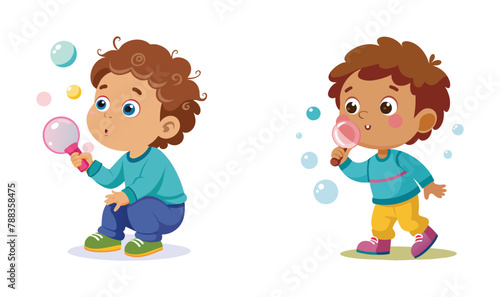 Curious toddlers playing with bubbles, vector cartoon illustration.