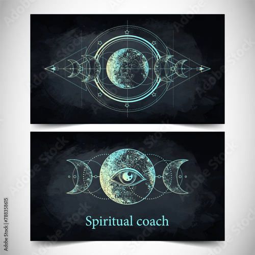 Fortune teller, human design, spiritual coach, mystic healer business card design template. Vector illustration. Magic.